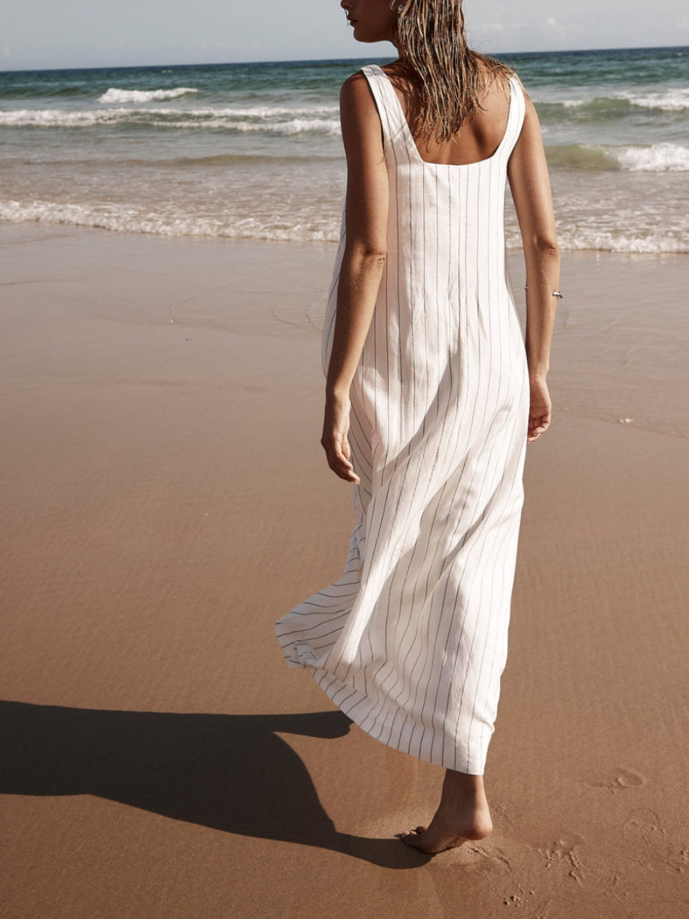 White With Charcoal Charming Pinstripe Maxi Dress
