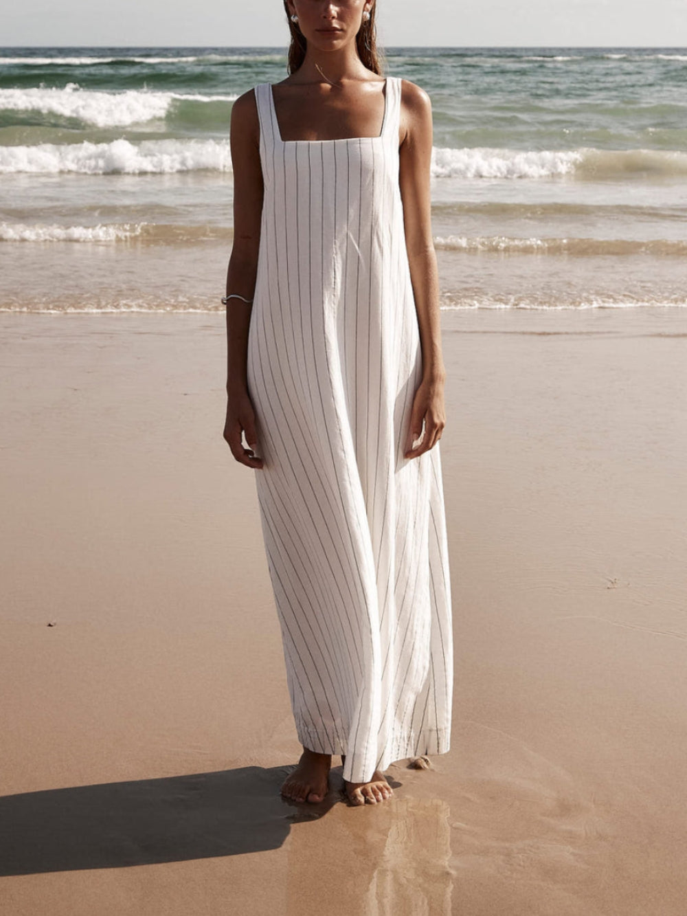 White With Charcoal Charming Pinstripe Maxi Dress