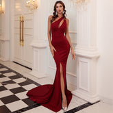 Wine Red Annual Meeting Dress Sleeveless One Shoulder Solid Color Small Tail Birthday Party Dress Prom Formal Gown