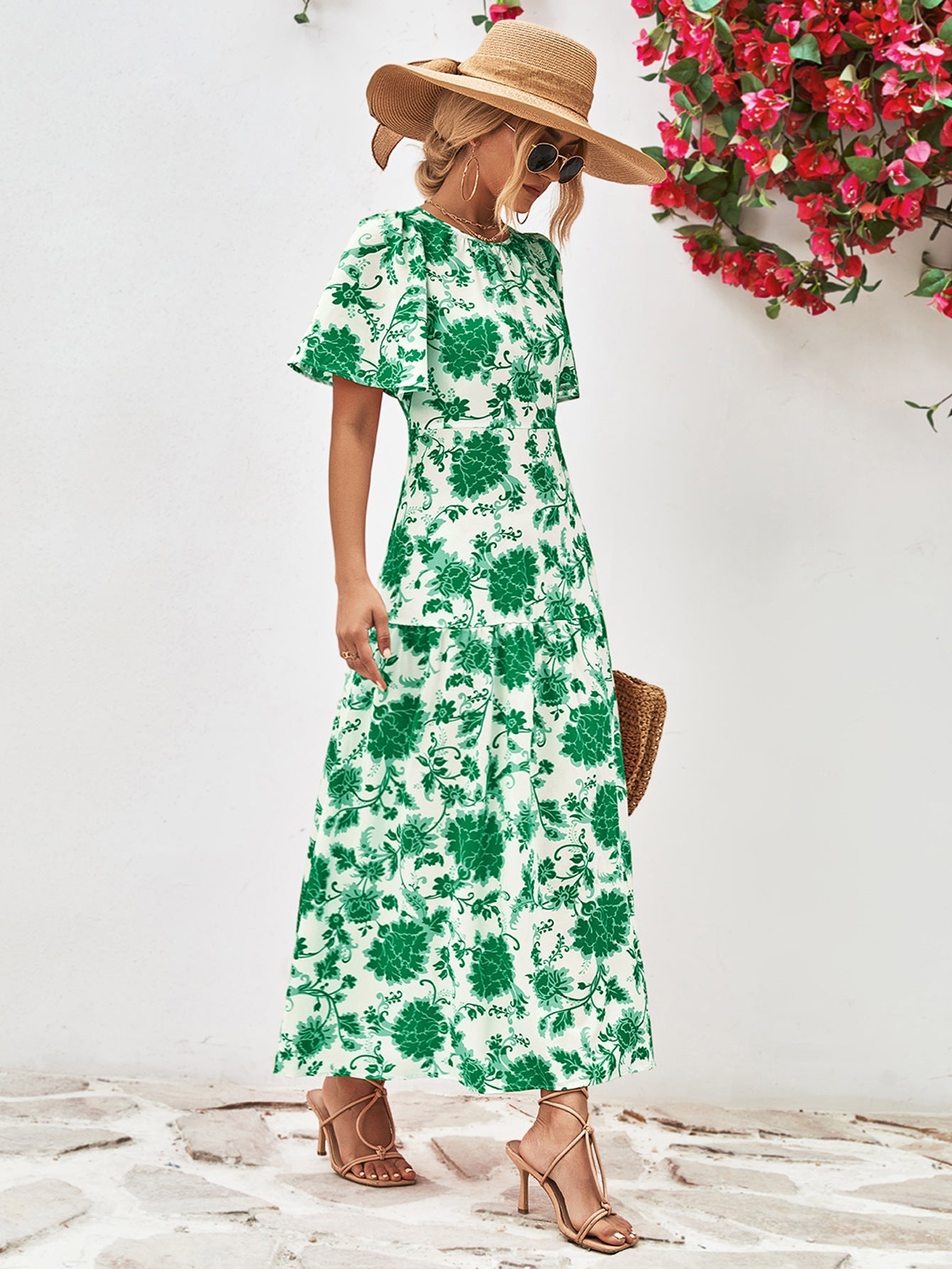 Floral Neck Tied Open Back Dress