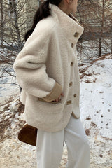 Stand Collar Faux Shearling Cropped Coat