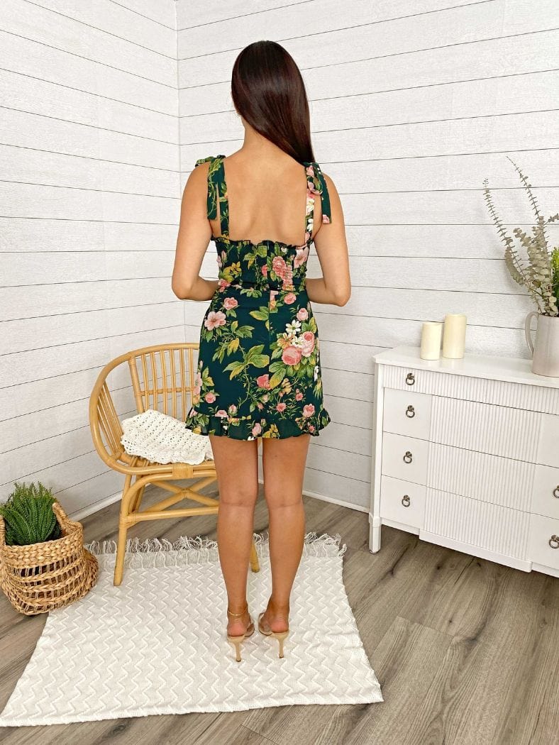 Green Floral Tie Mini Ruffled Dress