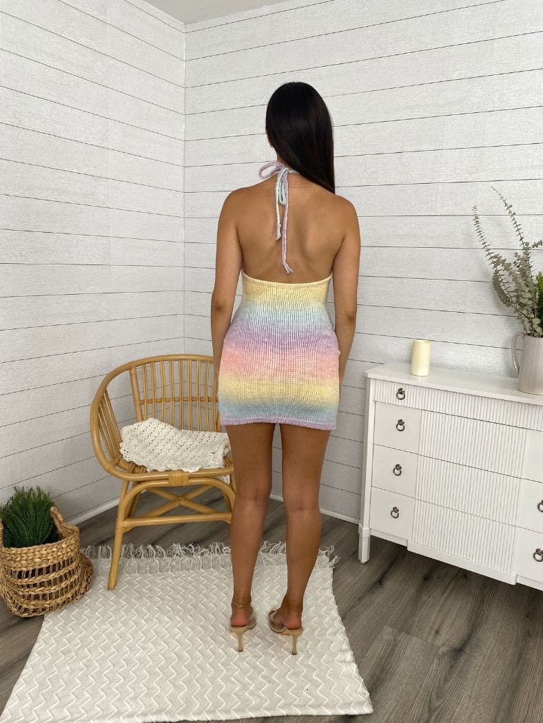 Crochet Rainbow Ombre Halter Mini Dress