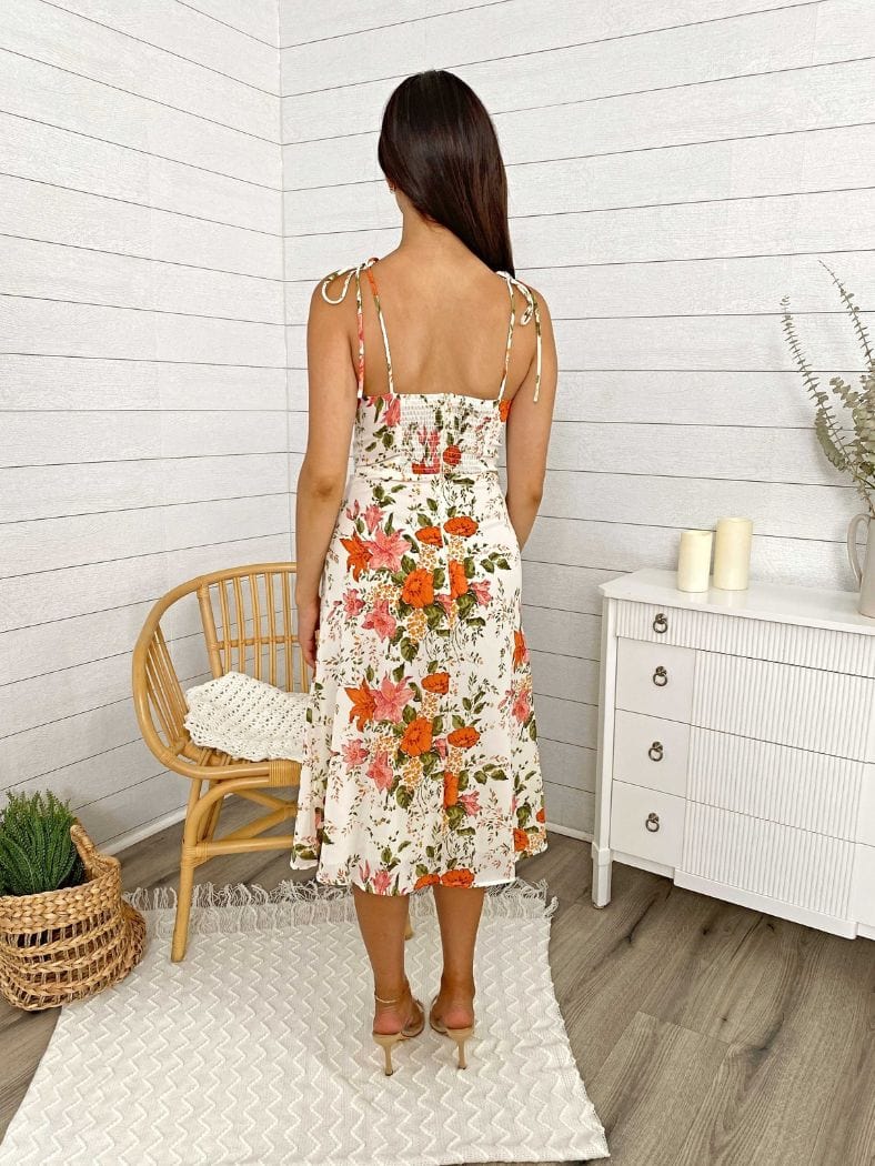 Shoulder Tying Sweetheart Floral Printed Leg Midi Dress