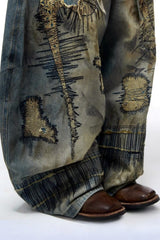 Distressed Stitch Embroidered Baggy Barrel Jeans