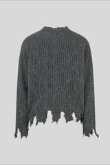 Distressed Ribbed Henley Neck Knit Sweater