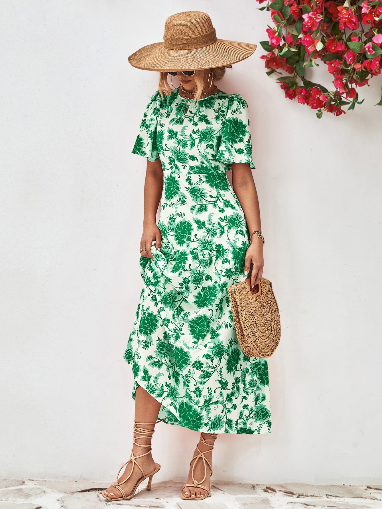 Floral Neck Tied Open Back Dress