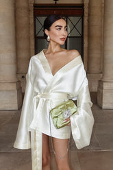 White Satin Long Sleeve Tie Blouse