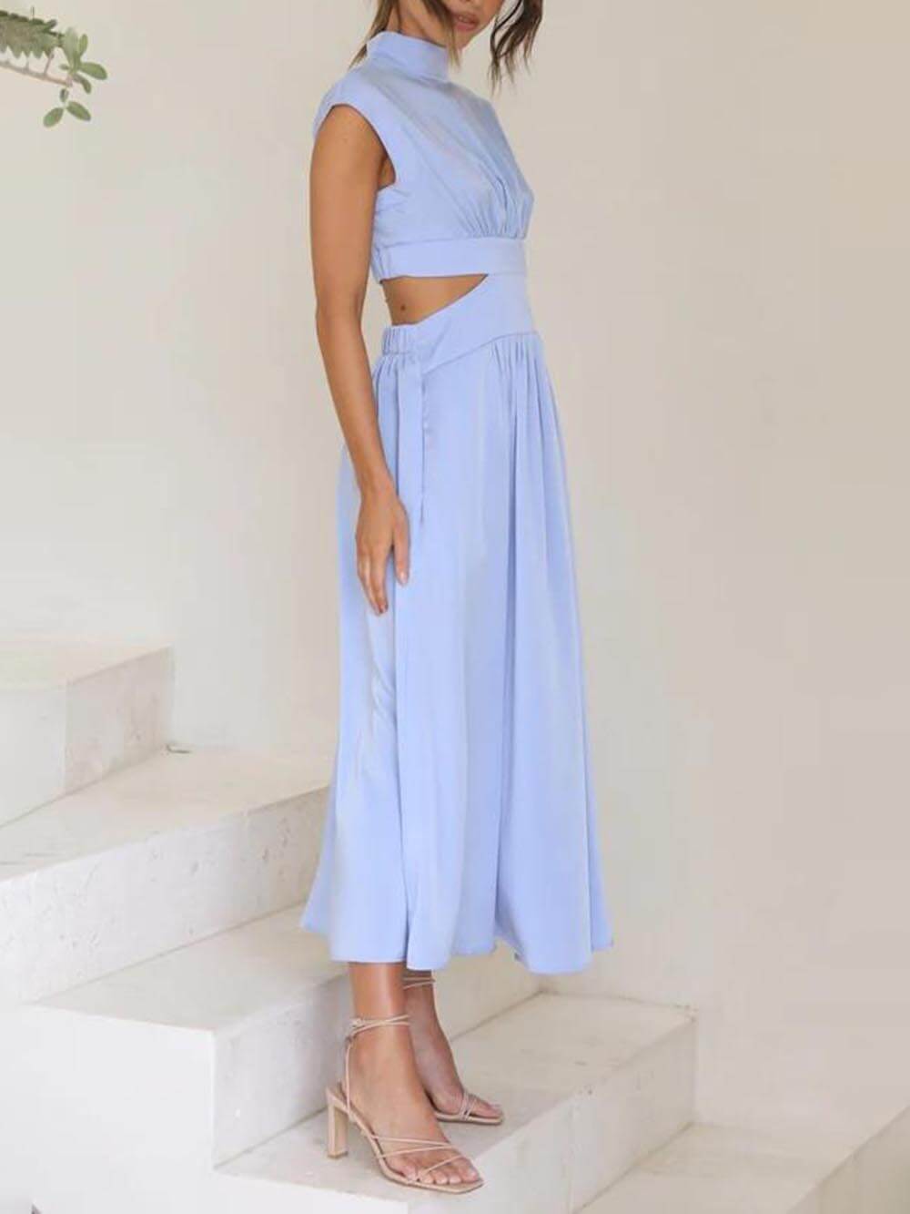 Cutout Waist Pocketed Charming Vacation Midi Dress