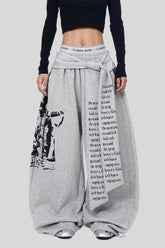 Layered Typography Ribbon Barrel Leg Sweatpants