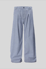 Blue Plaid Pleated Wide Leg Pants
