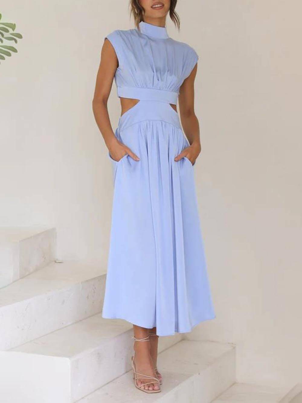 Cutout Waist Pocketed Charming Vacation Midi Dress