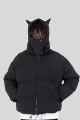 Spider Print Cat Ear Mask Hood Puffer Jacket