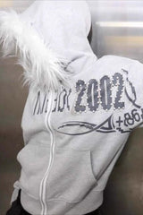 Studded Fur Hood Graphic Zip Hoodie