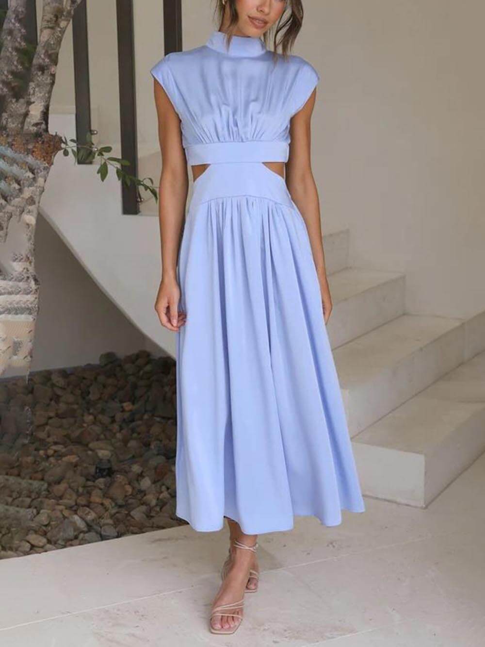Cutout Waist Pocketed Charming Vacation Midi Dress