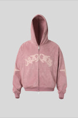 Applique Typography Suede Zip Hoodie