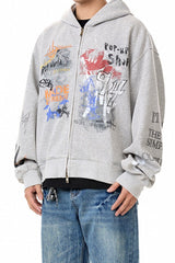 Graffiti Print Full Zip Oversized Hoodie