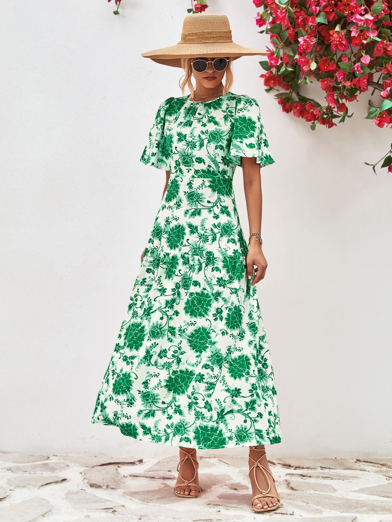 Floral Neck Tied Open Back Dress
