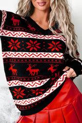 Christmas Reindeer Jacquard Folk Contrast Loose Sweater