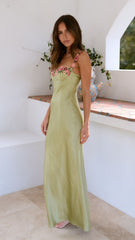 Luz - Embroidered Stitching Solid Color Satin Dress