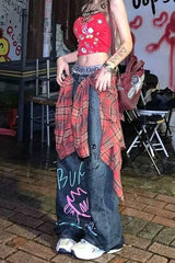 Graffiti Print Baggy Wide Leg Denim Jeans