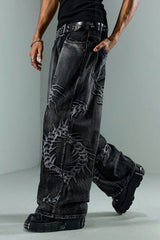 Centipede Embroidered Distressed Flared Denim Jeans