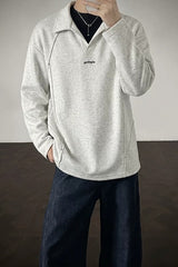 Studded Polo Collar Relaxed Fit Pullover Sweatshirt