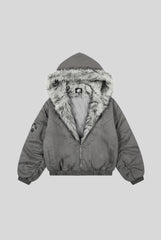 Fur Lined Cross Patch Hooded Coat