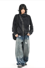 Asymmetric Zip Washed Hooded Coat