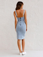 This Seasons Staple Denim Adjustable Straps Zip-up Firm Stretch Midi Dress