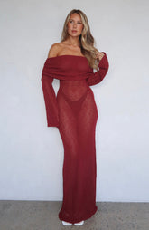 Made It Out Long Sleeve Boucle Maxi Dress Burgundy