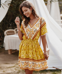 V-Neck Printed Gathered Dress