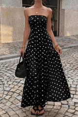 High Waist Polka Dot Strapless Slit Maxi Dress