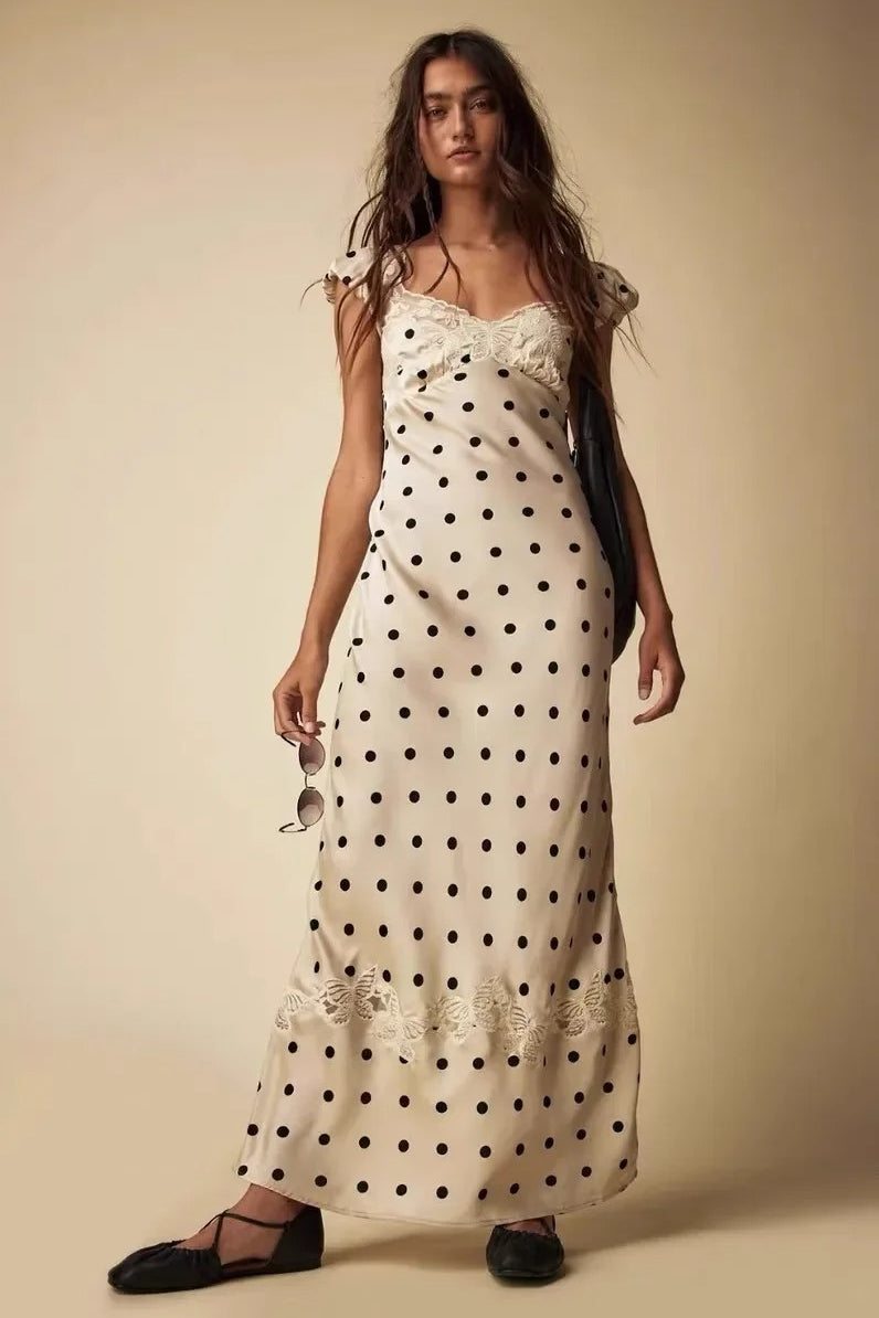 Lace Satin Polka Dot Maxi Dress