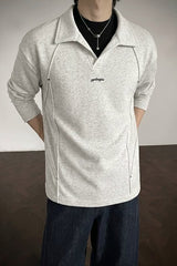 Studded Polo Collar Relaxed Fit Pullover Sweatshirt