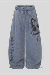 Washed Graffiti Print Wide Leg Sweatpants