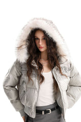 Fur Hood Newspaper Patch Cropped Puffer Jacket