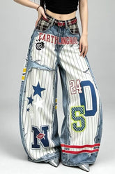 3D Graphic Print Wide Leg Denim Jeans