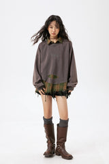 Distressed Plaid Layered Polo Collar Oversized Sweatshirt