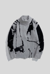 Abstract Jacquard Full Zip Knit Cardigan