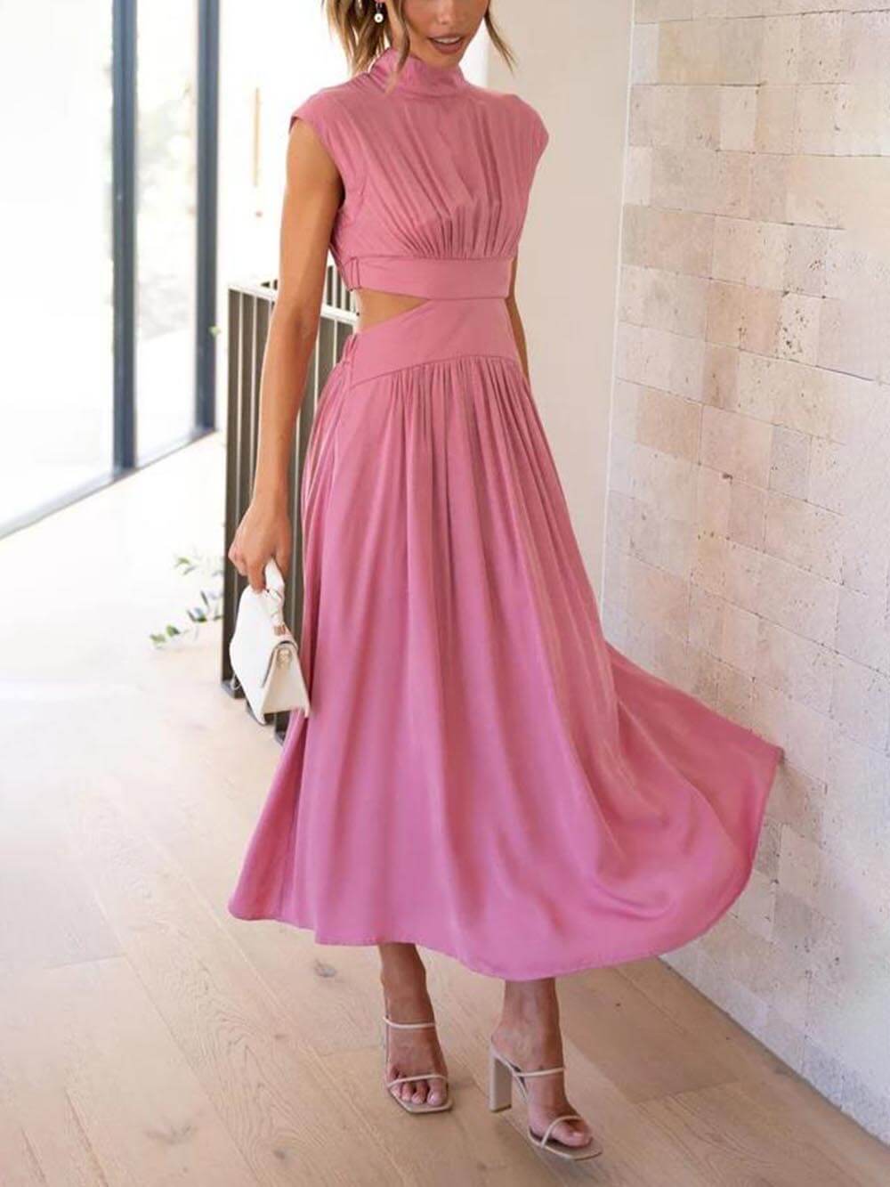 Cutout Waist Pocketed Charming Vacation Midi Dress