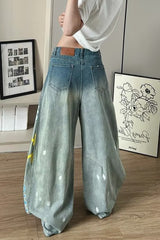 Graffiti Print Distressed Wide Leg Jeans