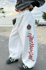 Vintage Crest Typography Embroidered Wide Leg Sweatpants