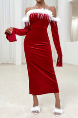 Christmas Red Fuzzy Tassel Waist-Cinched Sexy Party Dress