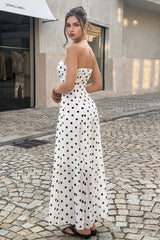 High Waist Polka Dot Strapless Slit Maxi Dress