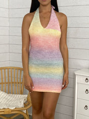 Crochet Rainbow Ombre Halter Mini Dress