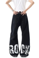 Rock Typography Stud Double Waist Jeans