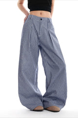 Blue Plaid Pleated Wide Leg Pants