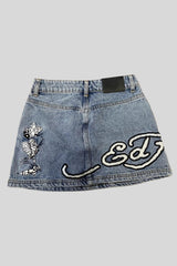 Y2K Embroidered Typography Denim Mini Skirt