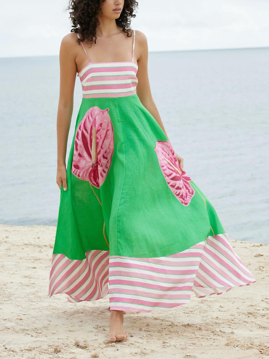Floral Print Paneled Charming Striped Suspender Mixi Dress
